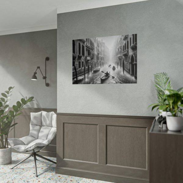 Black and White Venice Canal During Heavy Rain Poster