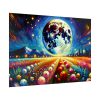 Bright Moon Over Vibrant Field of Flowers Poster