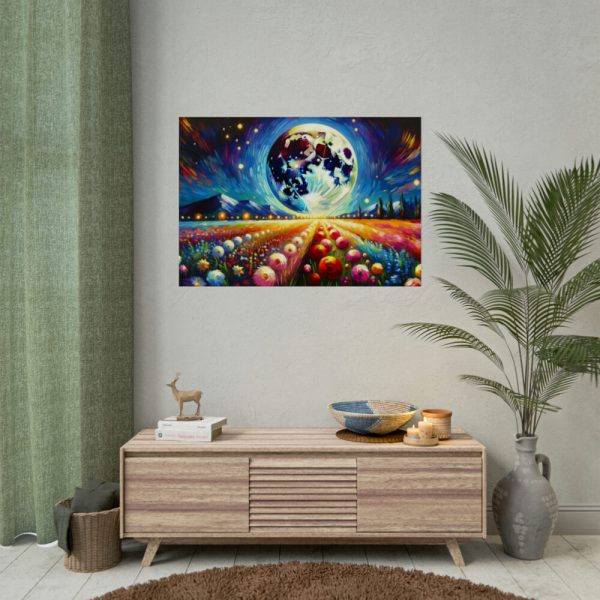 Bright Moon Over Vibrant Field of Flowers Poster