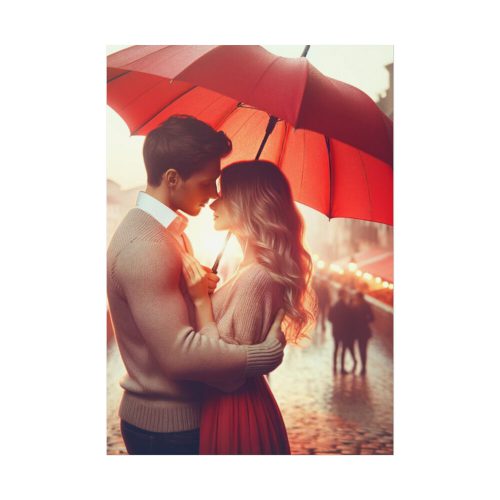 Couple Embracing Under Red Umbrella Poster