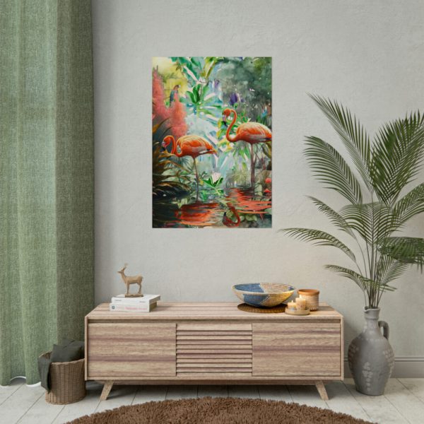 Two Flamingo Birds in Lush Tropical Poster
