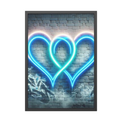 Two Interlocking Neon Hearts in a Graffiti Style Framed Poster