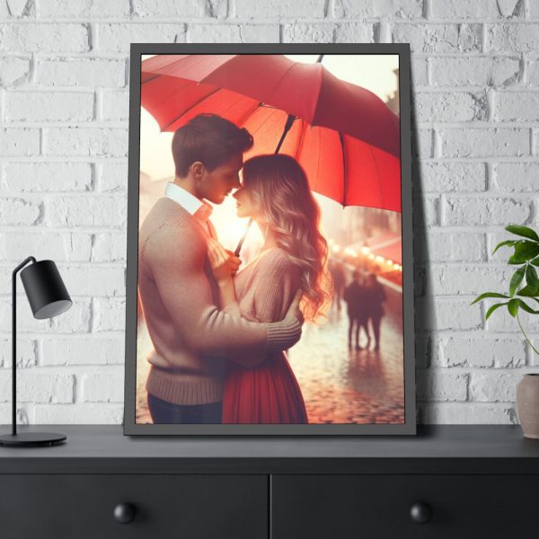 Couple Embracing Under Red Umbrella Framed Poster