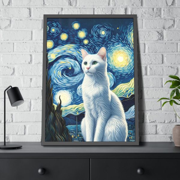 White Cat Sitting and Looking Forward Framed Poster