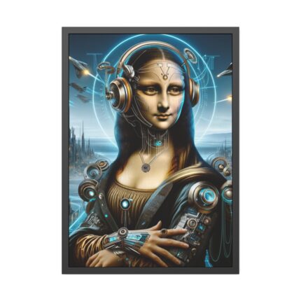 Mona Lisa Reimagined in a Futuristic Setting Framed Poster