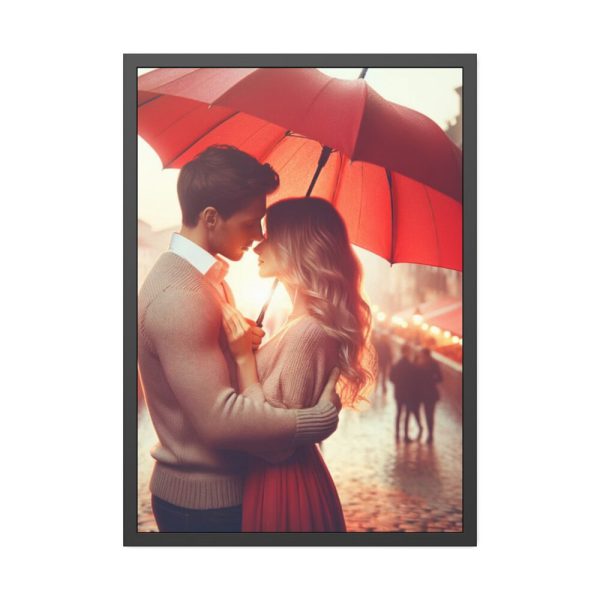 Couple Embracing Under Red Umbrella Framed Poster