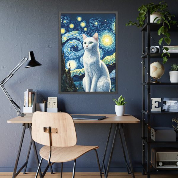 White Cat Sitting and Looking Forward Framed Poster
