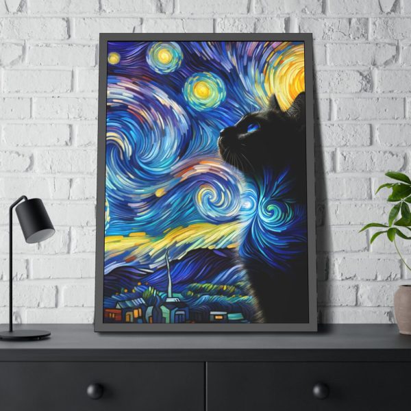 93831-311.jpg Cat Looking up at Swirling Night Sky Framed Poster