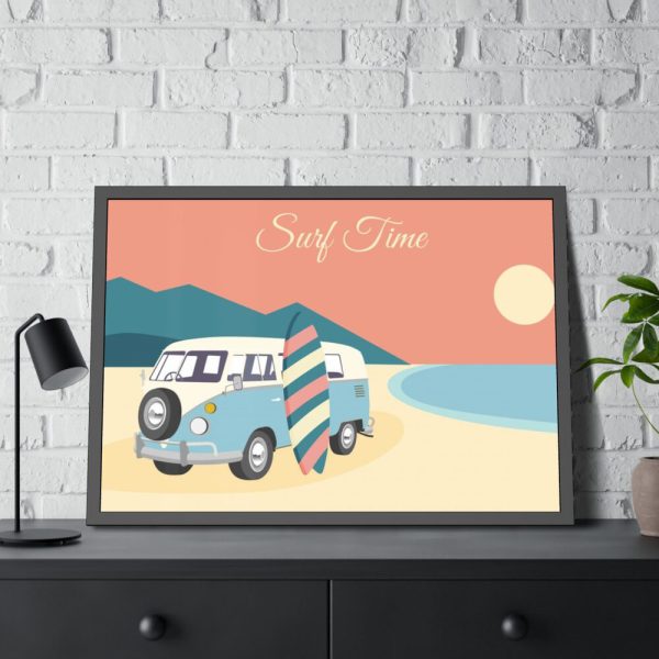 93854-227.jpg Camper Van, Surfboard, Beach Framed Poster