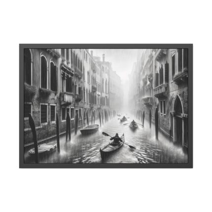 Black and White Venice Canal During Heavy Rain Framed Poster