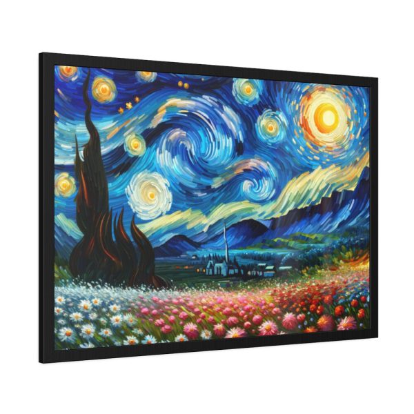 Swirling Night Sky Above Vibrant Field of Flowers Framed Poster