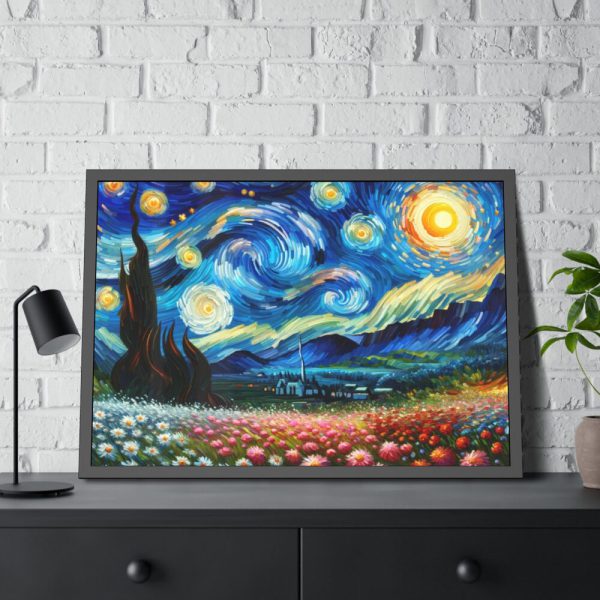 Swirling Night Sky Above Vibrant Field of Flowers Framed Poster