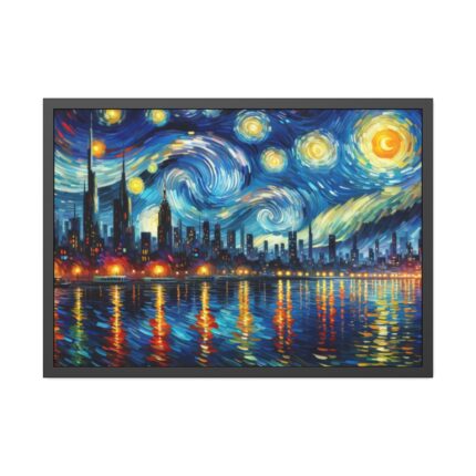 City Skyline at Night With Vibrant Swirling Colors Framed Poster