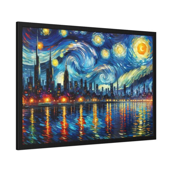 City Skyline at Night With Vibrant Swirling Colors Framed Poster