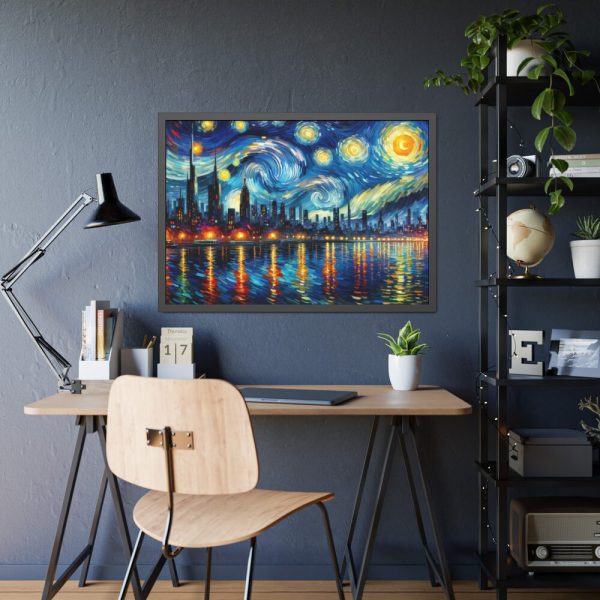 City Skyline at Night With Vibrant Swirling Colors Framed Poster