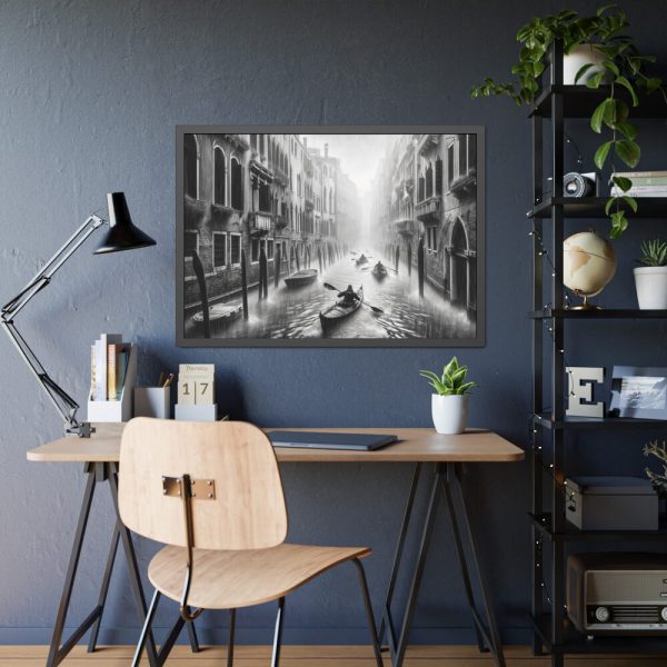 93855-366.jpg Black and White Venice Canal During Heavy Rain Framed Poster