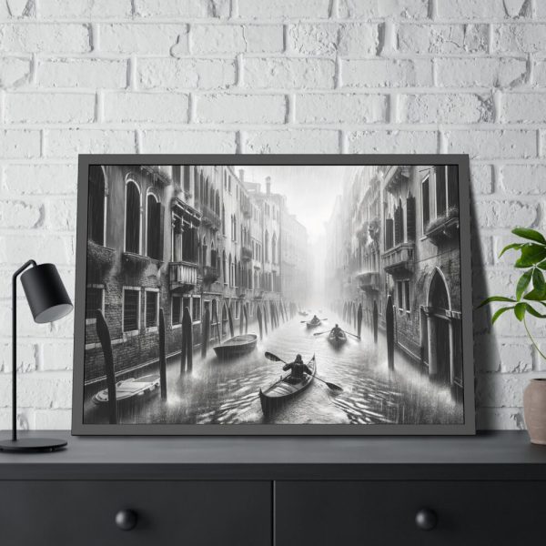 93855-367.jpg Black and White Venice Canal During Heavy Rain Framed Poster