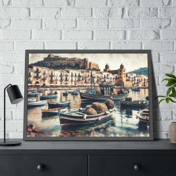 93855-375.jpg Fishing Boats at Cefalu Harbor, Italy Framed Poster