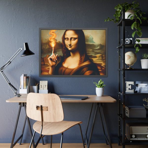 93855-518.jpg Mona Lisa Raising Index Finger With Fire Framed Poster