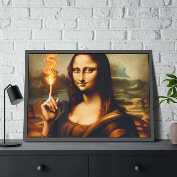 93855-519.jpg Mona Lisa Raising Index Finger With Fire Framed Poster