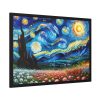 Swirling Night Sky Above Vibrant Field of Flowers Framed Poster