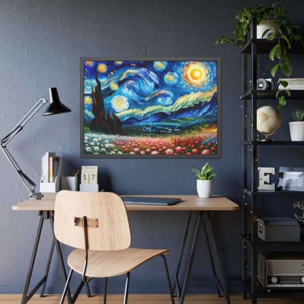 Swirling Night Sky Above Vibrant Field of Flowers Framed Poster