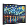 City Skyline at Night With Vibrant Swirling Colors Framed Poster