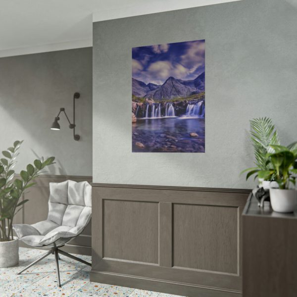 Waterfall, Mountains, Clouds, River, Plants Poster