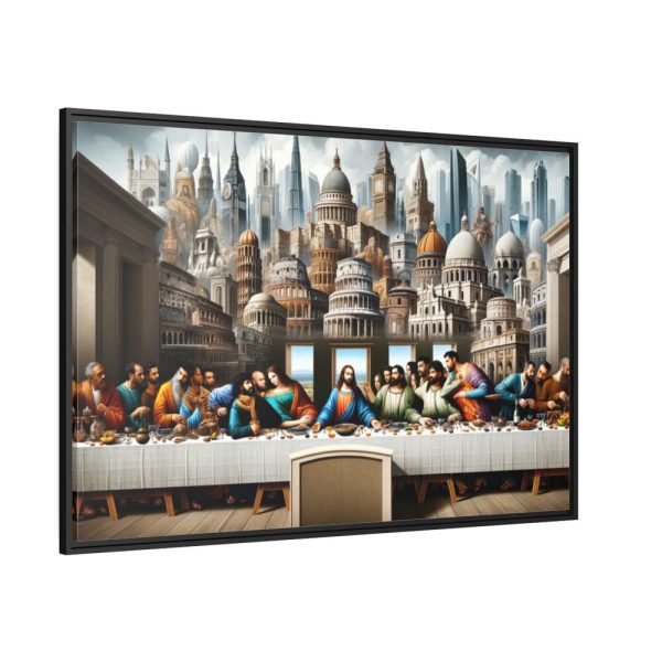 Modern Adaptation of Leonardo da Vinci's 'The Last Supper' With Iconic Architectural Wonders Framed Canvas