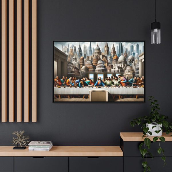 Modern Adaptation of Leonardo da Vinci's 'The Last Supper' With Iconic Architectural Wonders Framed Canvas