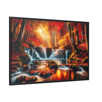 Autumn Waterfall Scene Framed Canvas