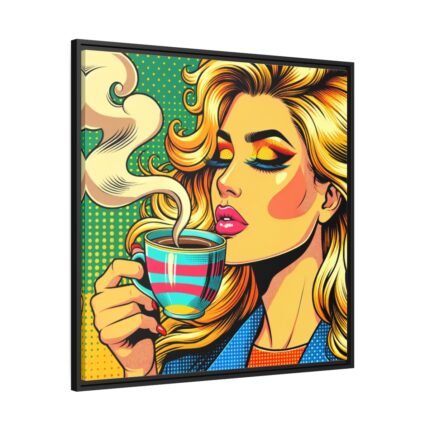 Girl Drinking Coffee in Pop Art Framed Canvas