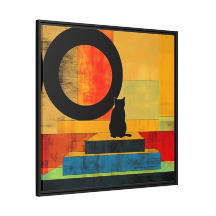 Black Cat Sitting on Squares Framed Canvas