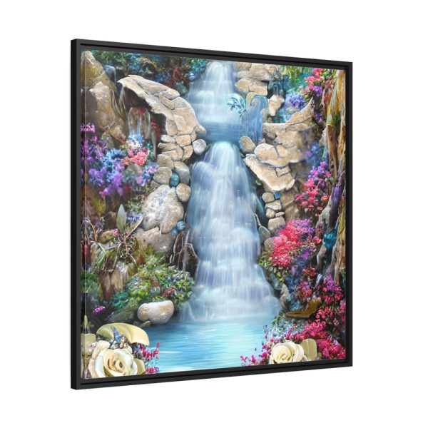 Waterfall With Rocks and Flowers Framed Canvas
