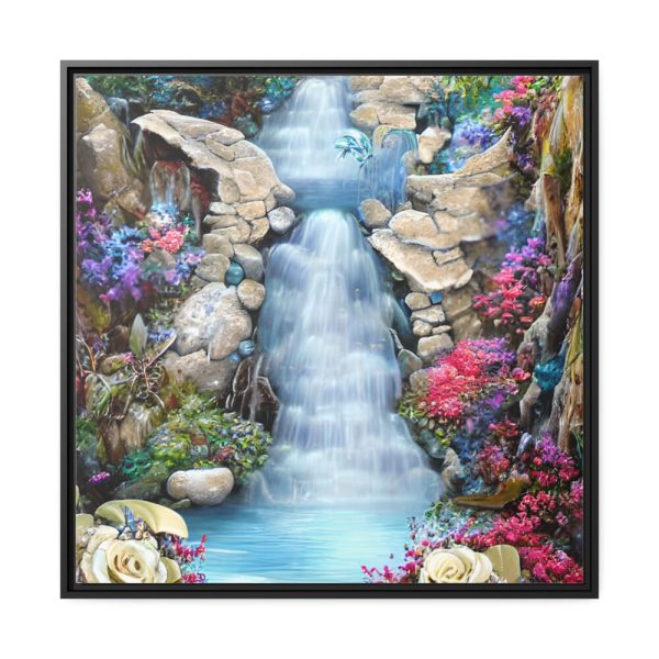 Waterfall With Rocks and Flowers Framed Canvas