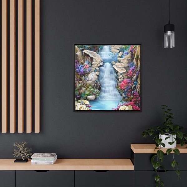 Waterfall With Rocks and Flowers Framed Canvas