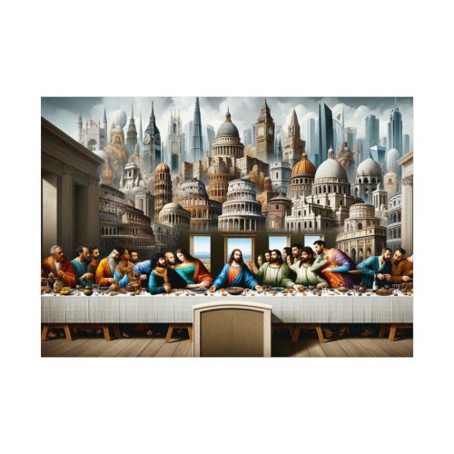 92408-155.jpg Modern Adaptation of Leonardo da Vinci's 'The Last Supper' With Iconic Architectural Wonders Poster