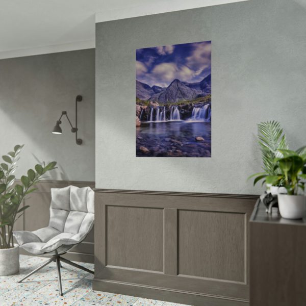 Waterfall, Mountains, Clouds, River, Plants Poster