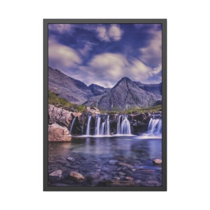 Waterfall, Mountains, Clouds, River, Plants Framed Poster