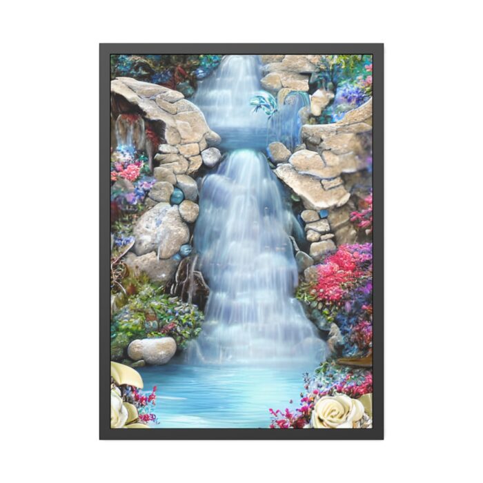 Waterfall With Rocks and Flowers Framed Poster - Image 1