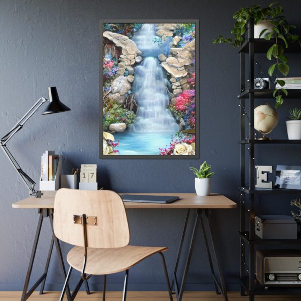 Waterfall With Rocks and Flowers Framed Poster