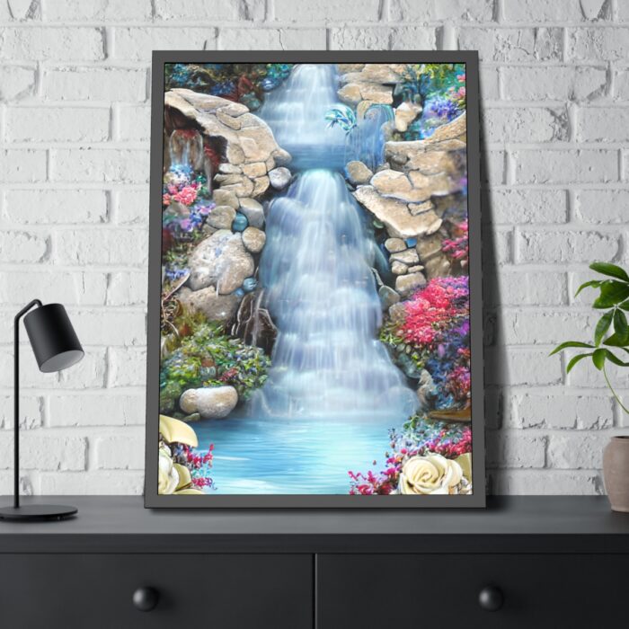 Waterfall With Rocks and Flowers Framed Poster - Image 8
