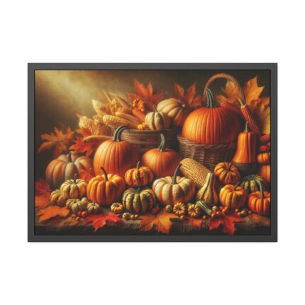 Assortment of Pumpkins, Gourds, and Autumn Leaves Framed Poster