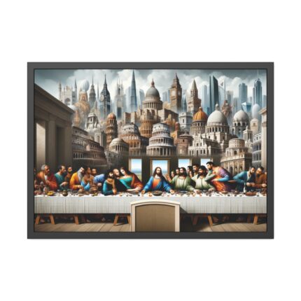 Modern Adaptation of Leonardo da Vinci's 'The Last Supper' With Iconic Architectural Wonders Framed Poster