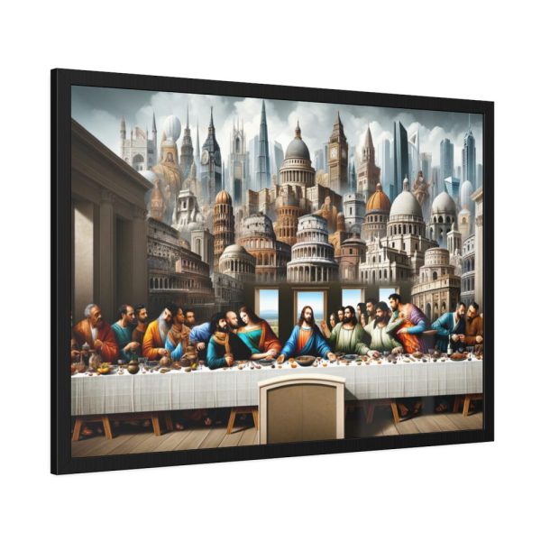 Modern Adaptation of Leonardo da Vinci's 'The Last Supper' With Iconic Architectural Wonders Framed Poster