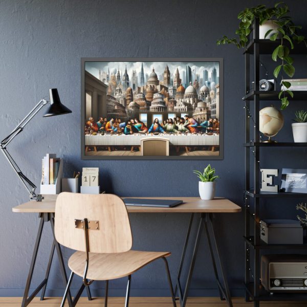 Modern Adaptation of Leonardo da Vinci's 'The Last Supper' With Iconic Architectural Wonders Framed Poster