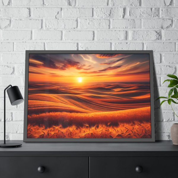 93855-115.jpg Golden Fields at Sunset With the Horizon Ablaze in Warm Colors Framed Poster