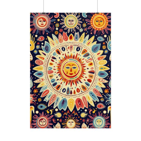 Orange, Yellow and Blue Illustration of Suns Poster