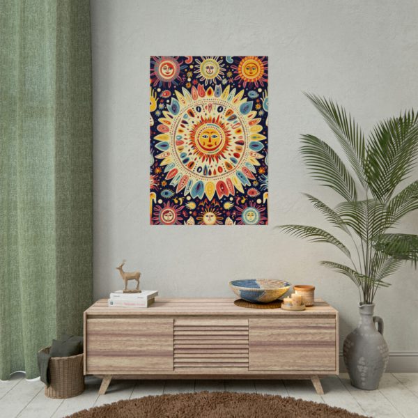 Orange, Yellow and Blue Illustration of Suns Poster