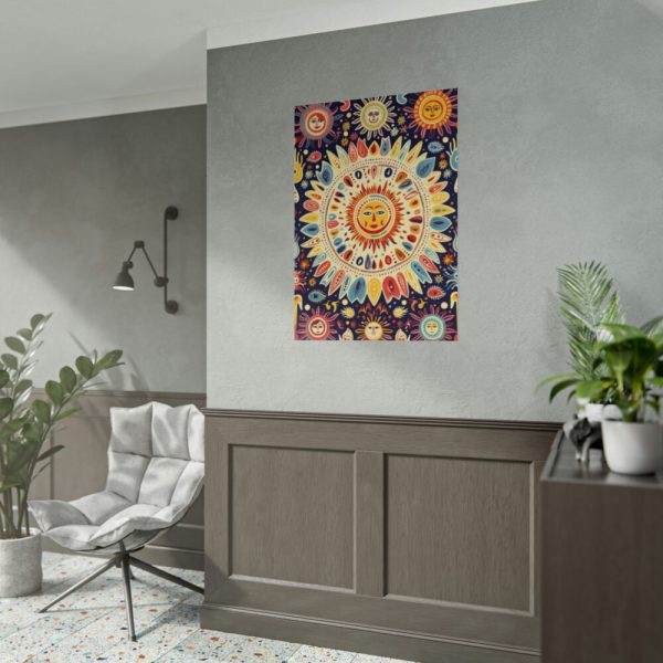 Orange, Yellow and Blue Illustration of Suns Poster